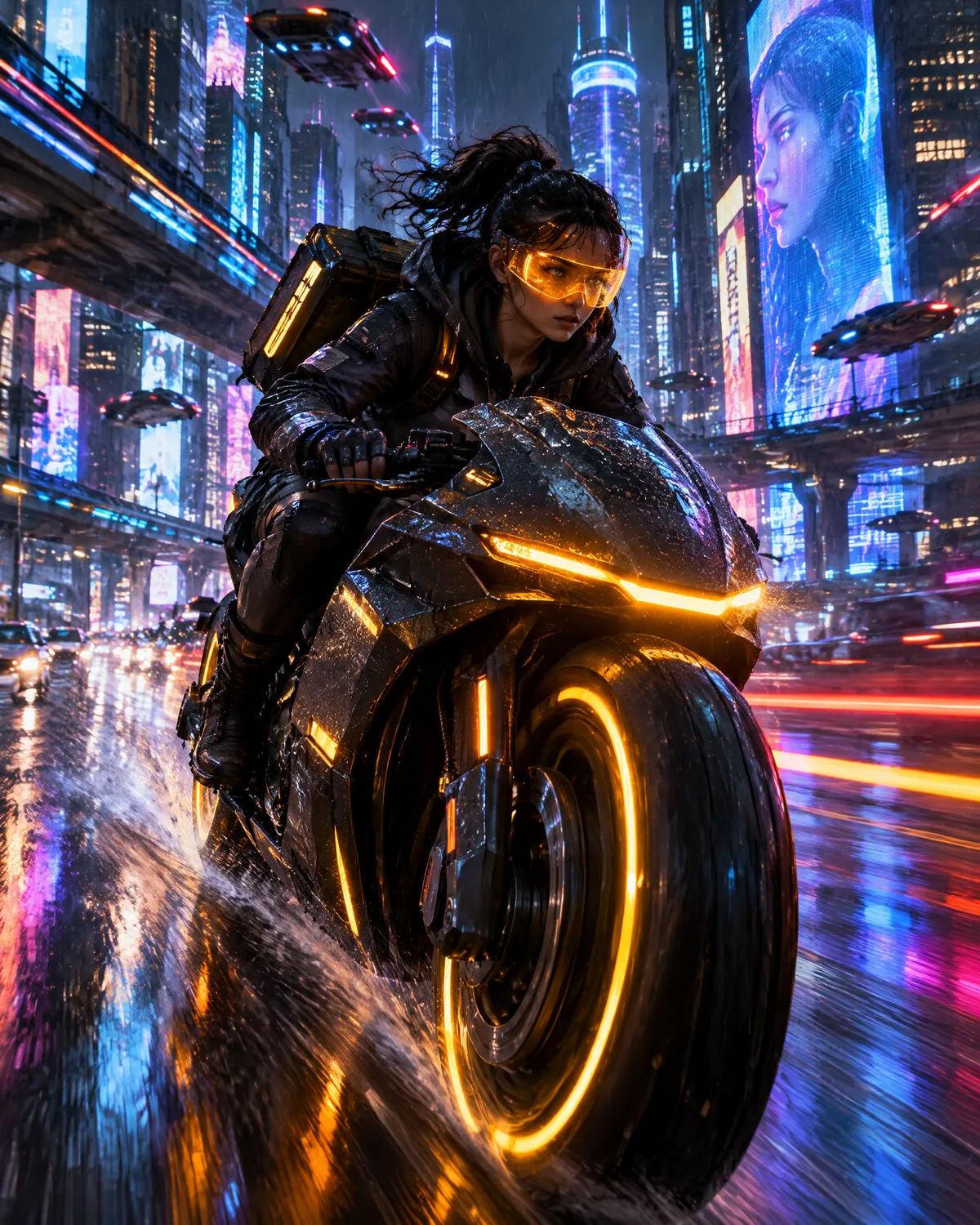 Courier with an amber visor riding a motorbike through a neon city