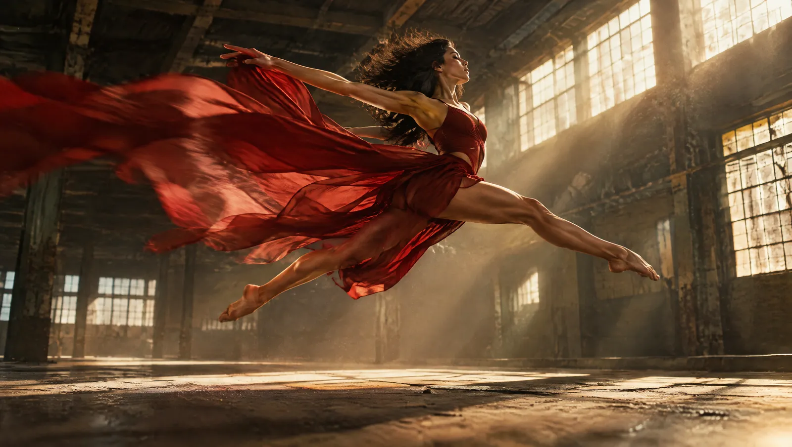 Dancer leaping in a warehouse with flowing red fabric