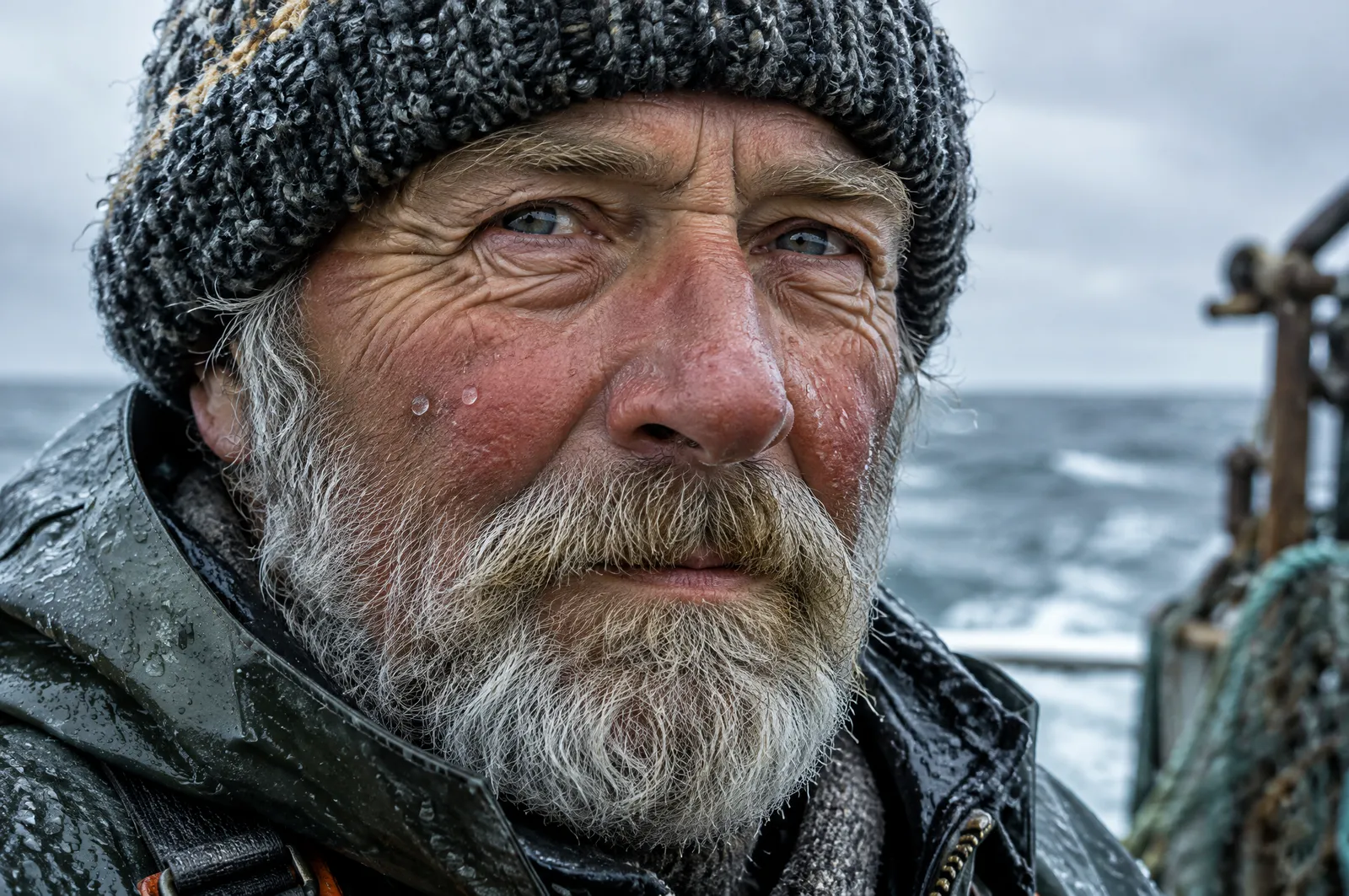 Close-up portrait of a weathered fisherman