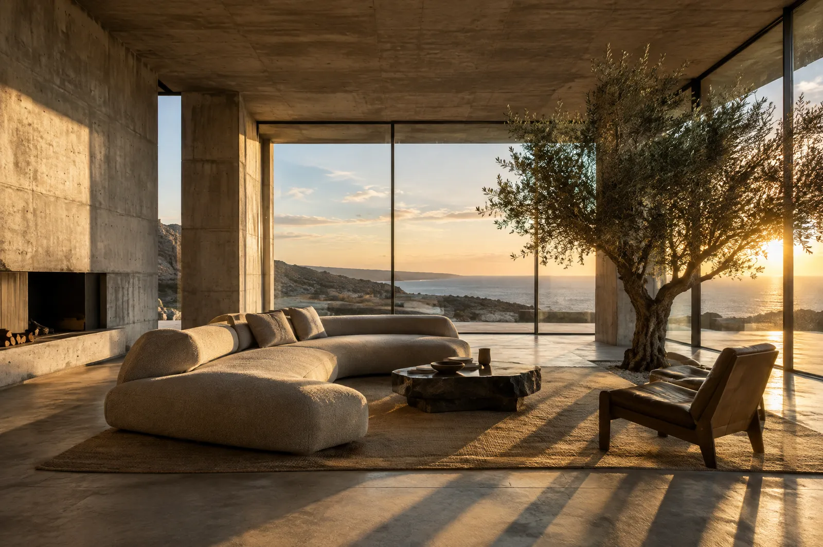 Brutalist concrete living room with golden sunbeams and an olive tree