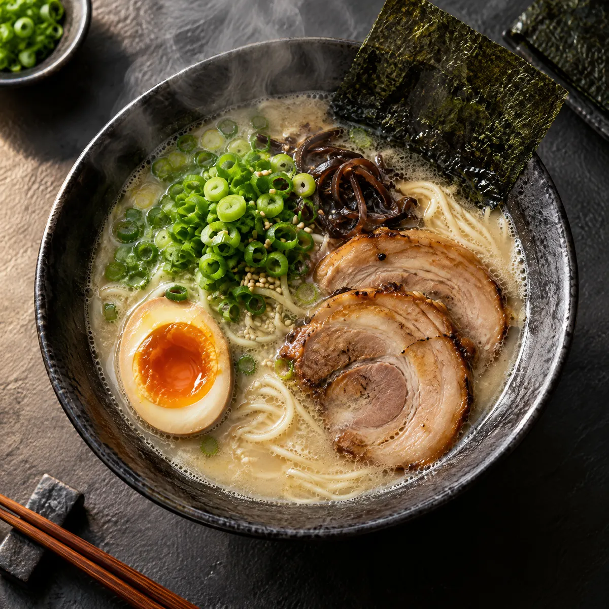 Overhead bowl of tonkotsu ramen with steam