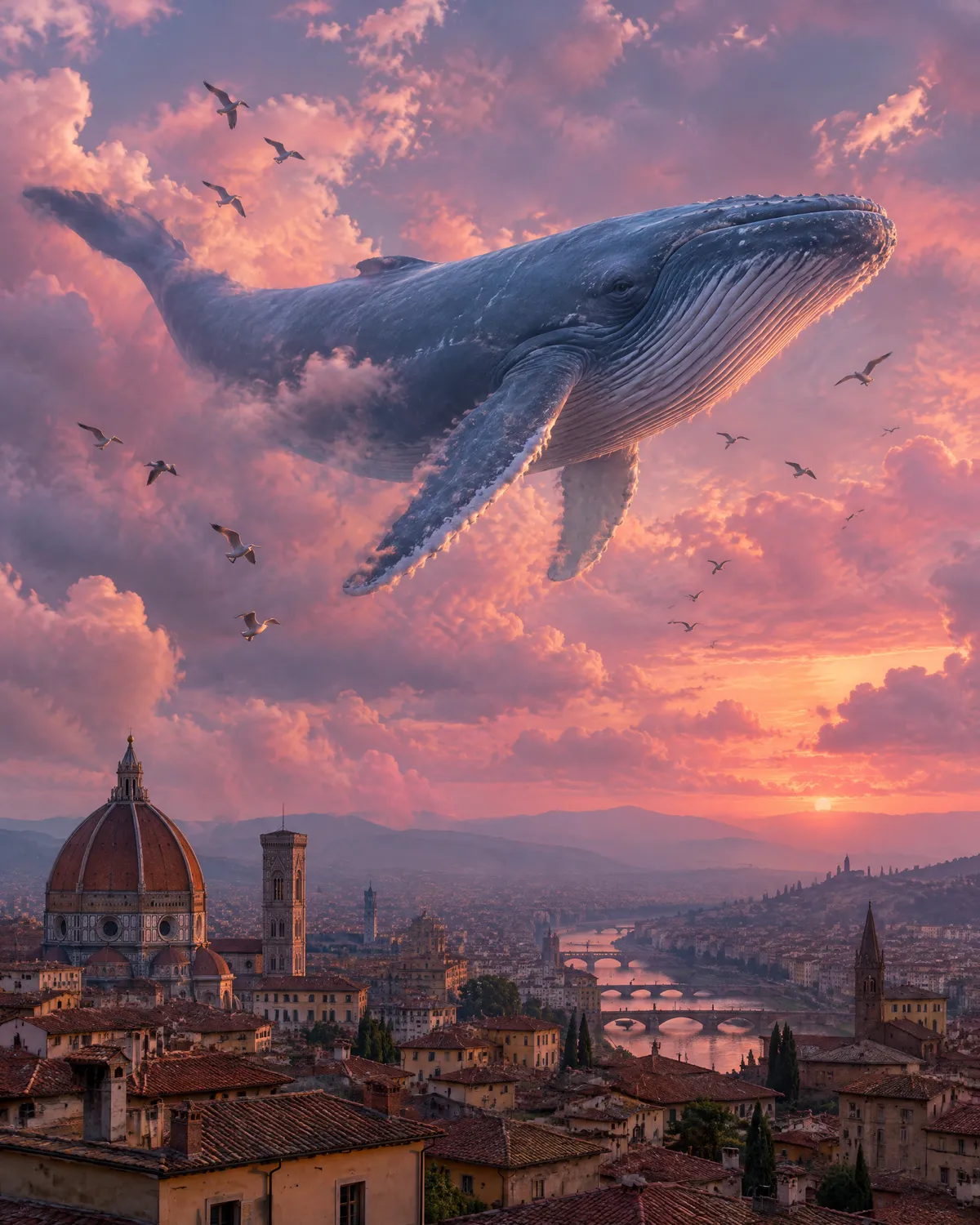A whale gliding through a pink sky over terracotta rooftops